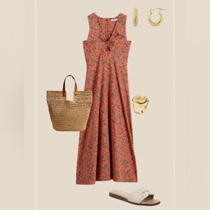 Madewell Floral Midi Dress in Red and Blue